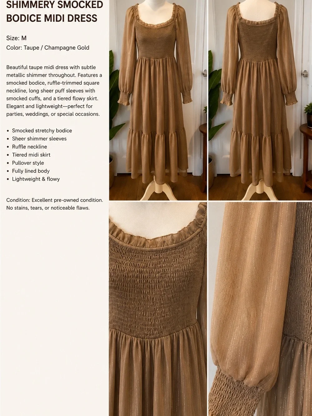 Smocked Bodice Midi Dress in Taupe with Subtle Shimmer - Picture 1 of 1